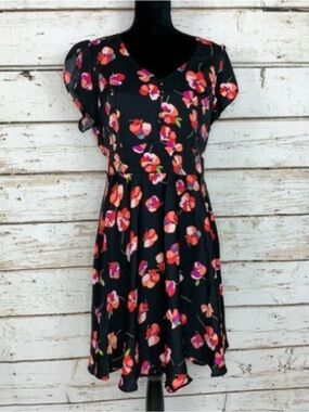 City Chic S 16 Black Floral Fit-and-Flare Dress with Pink & Orange Blooms NWT